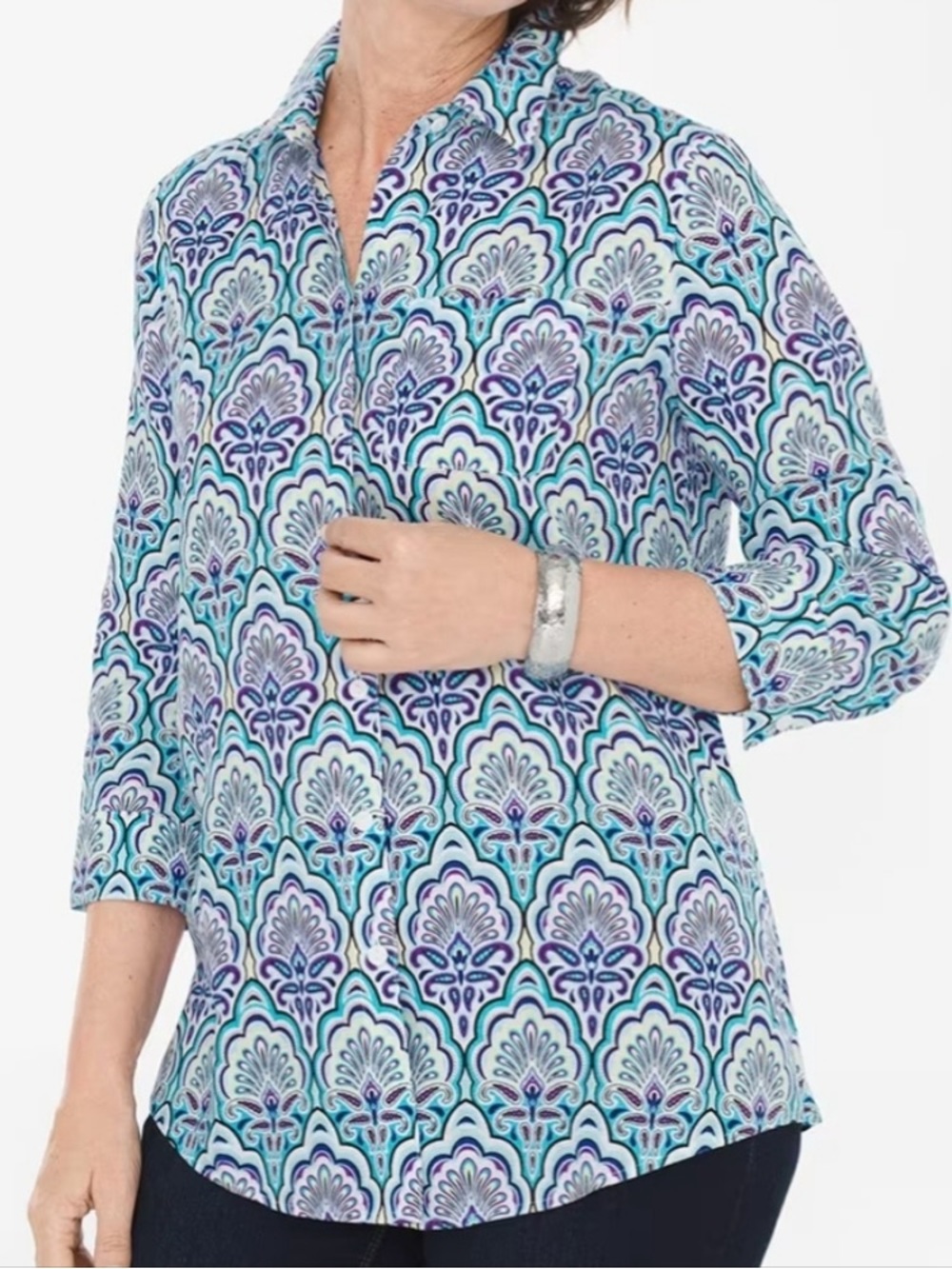 Chico's No Iron 100% Linen Paisley Button Up